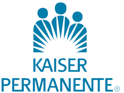 Logo of Kaiser Permanente featuring three blue human figures above a sunburst design, with the text 'KAISER PERMANENTE' written in bold blue capital letters below