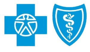 BlueCross BlueShield Association logo featuring a blue cross with a human figure and a blue shield with a caduceus symbol."